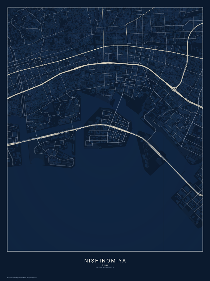 Nishinomiya map poster, midnight style