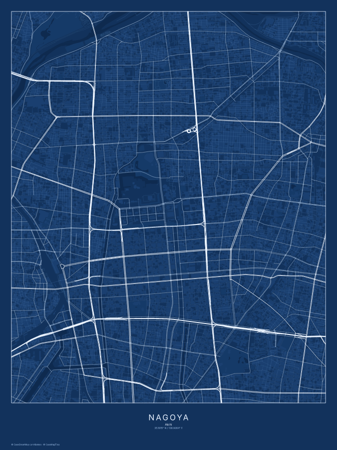 Nagoya map poster, blueprint style