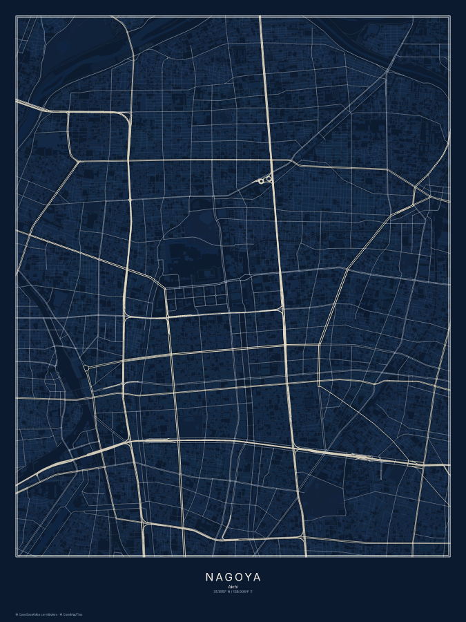 Nagoya map poster, midnight style