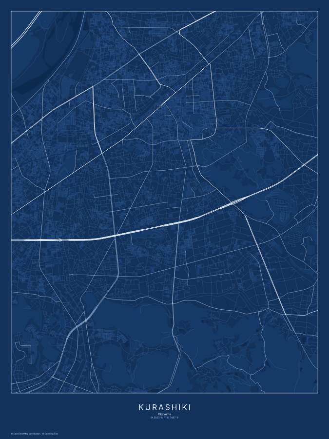 Kurashiki map poster, blueprint style