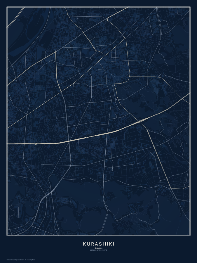 Kurashiki map poster, midnight style