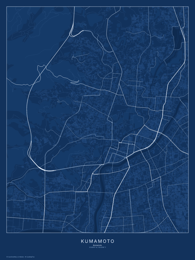 Kumamoto map poster, blueprint style