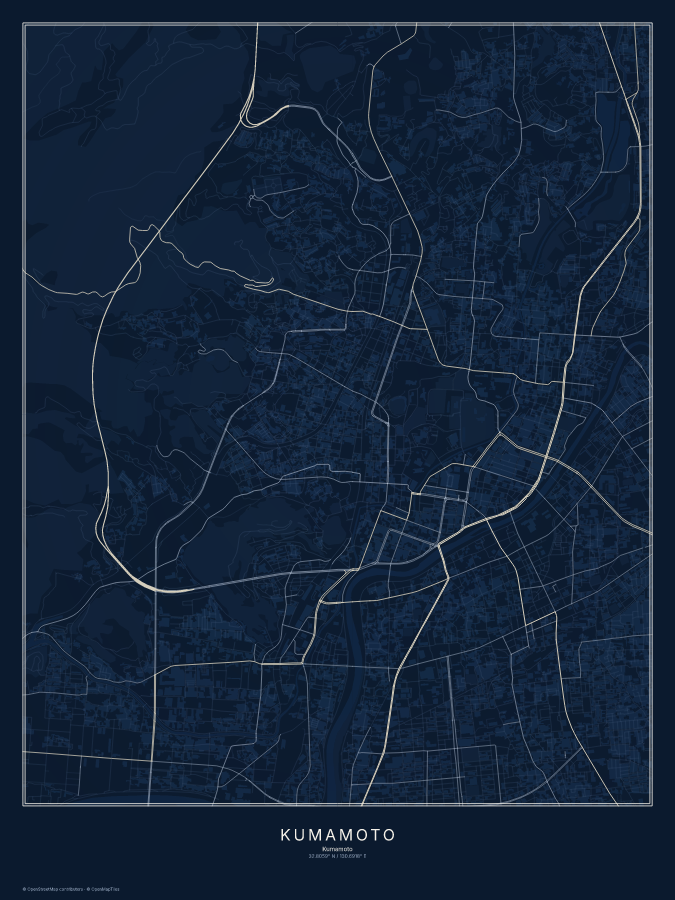 Kumamoto map poster, midnight style