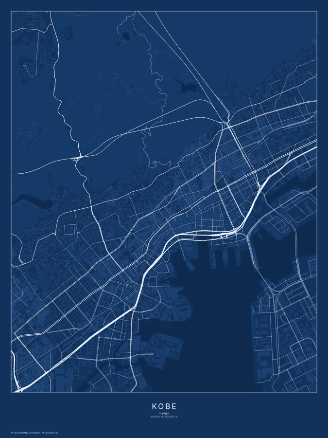Kobe map poster, blueprint style
