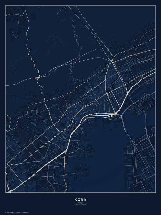 Kobe map poster, midnight style