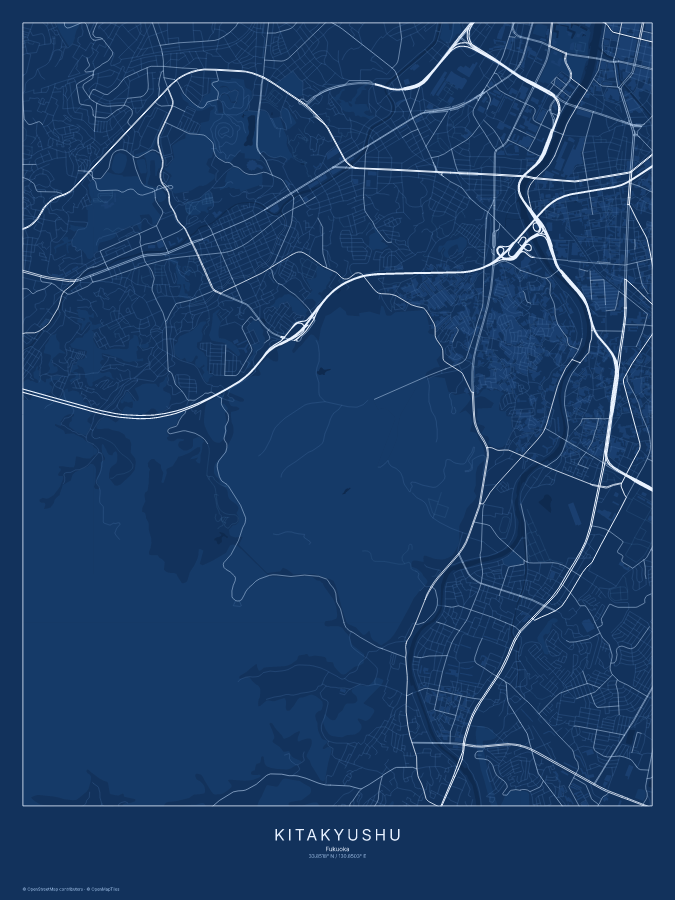 Kitakyushu map poster, blueprint style