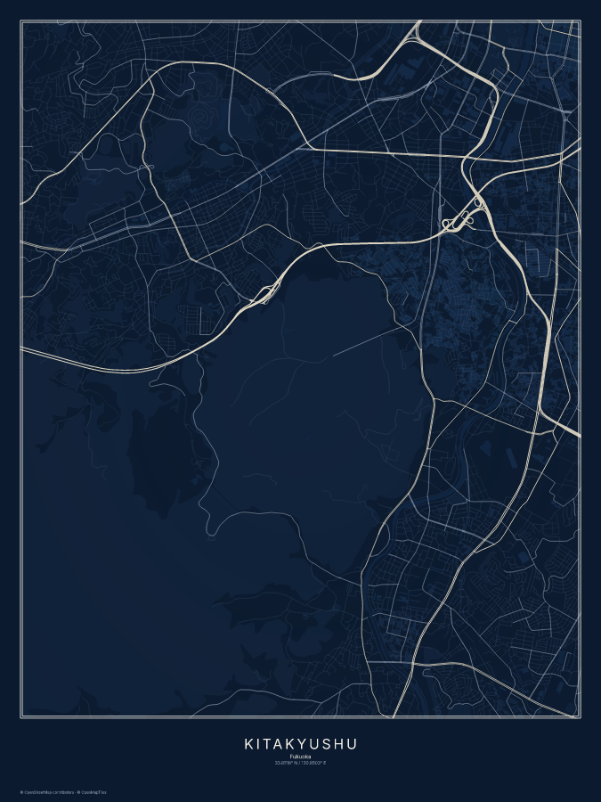 Kitakyushu map poster, midnight style
