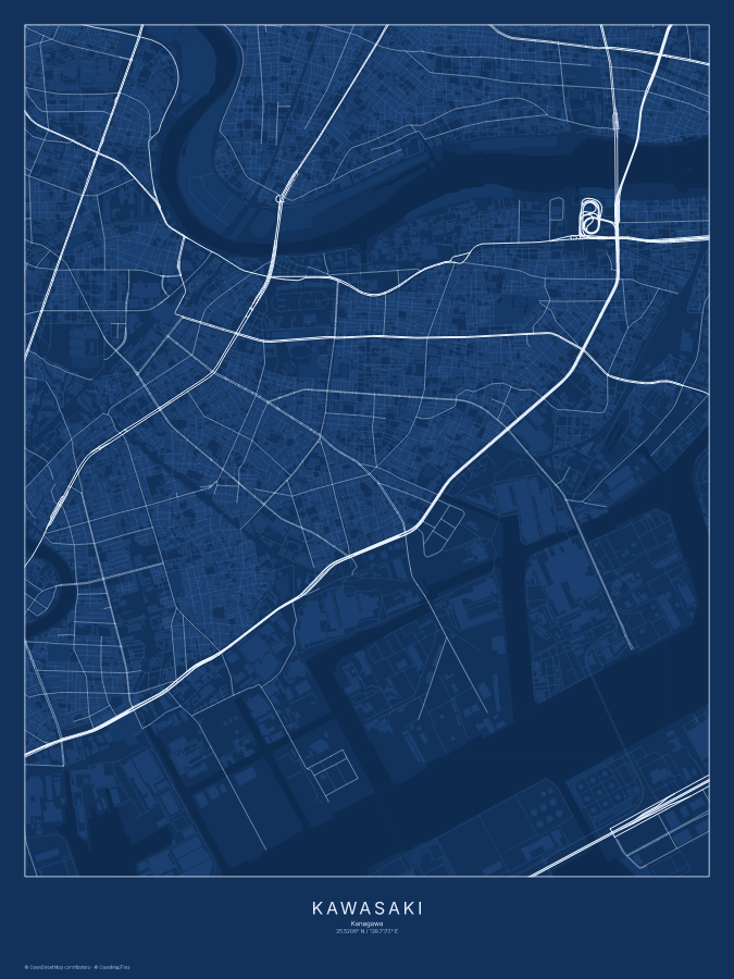 Kawasaki map poster, blueprint style
