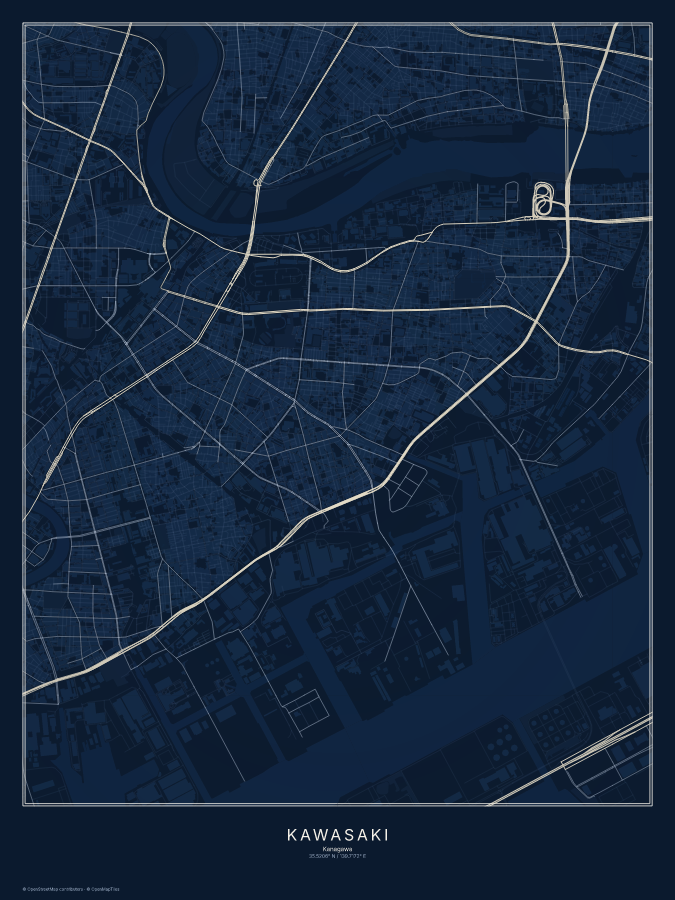 Kawasaki map poster, midnight style