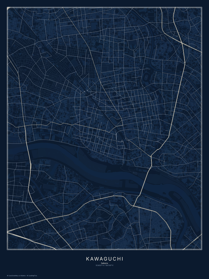 Kawaguchi map poster, midnight style