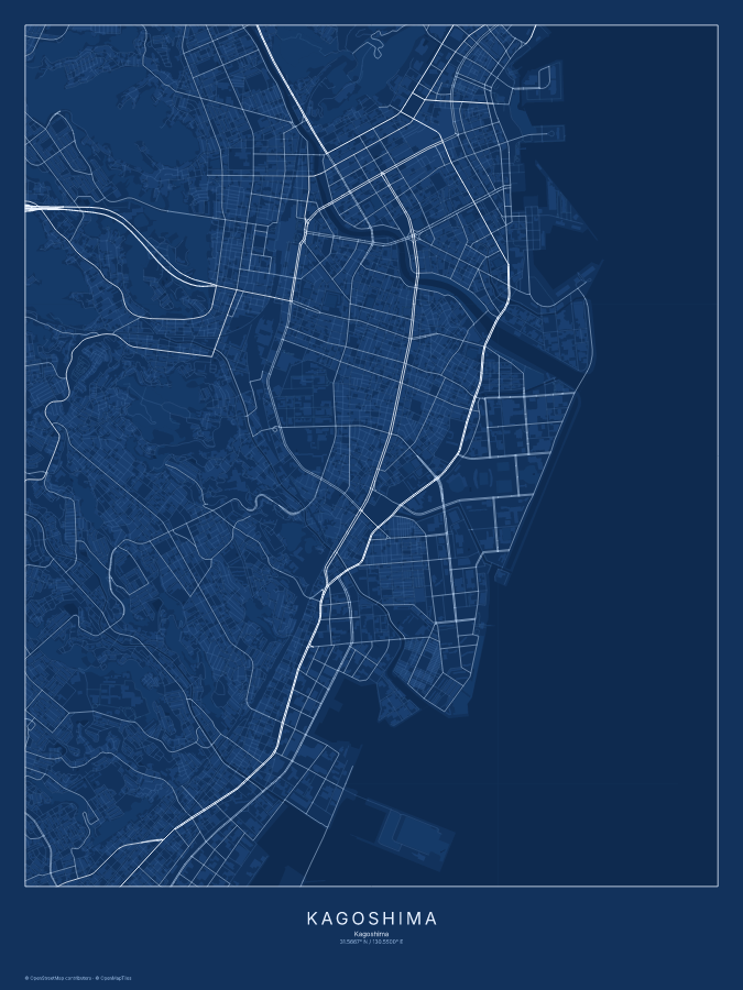 Kagoshima map poster, blueprint style