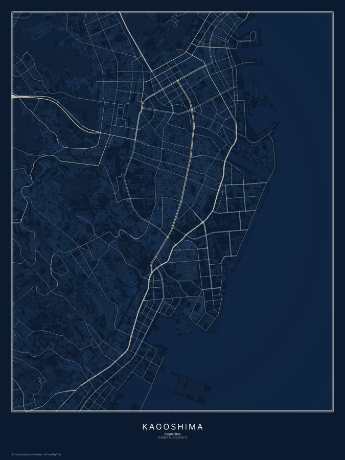 Kagoshima map poster, midnight style