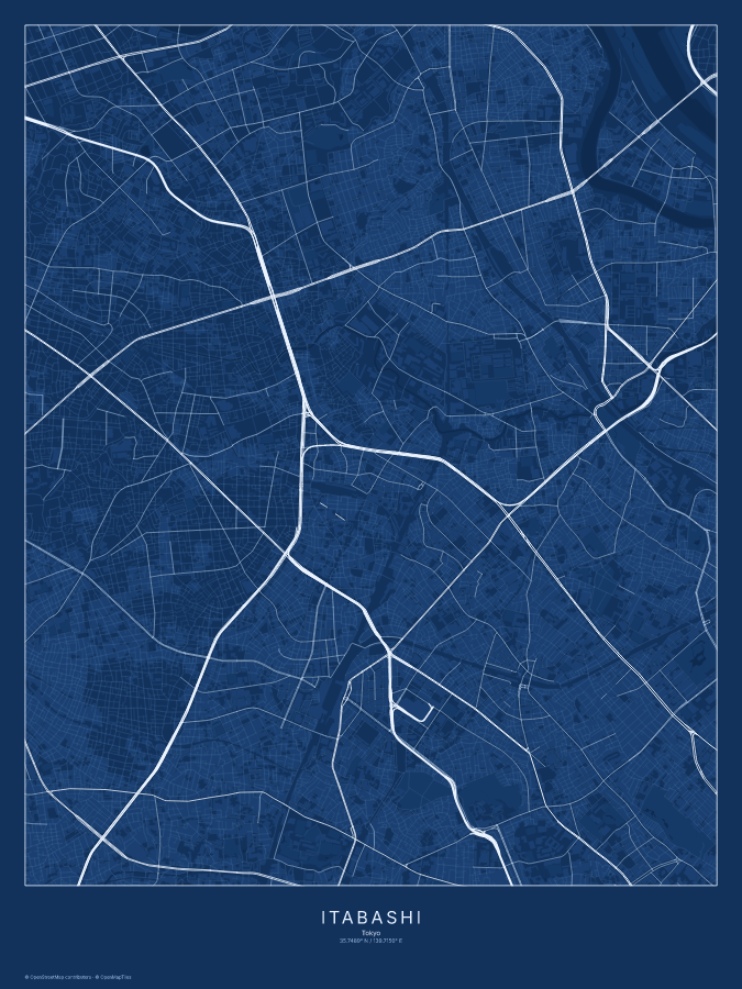 Itabashi map poster, blueprint style