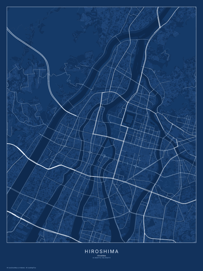 Hiroshima map poster, blueprint style