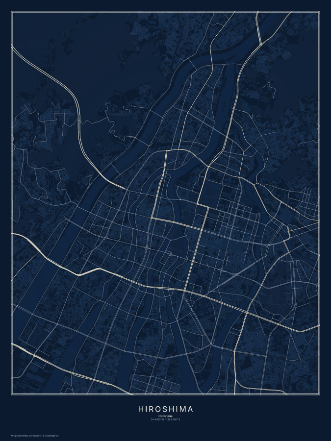 Hiroshima map poster, midnight style