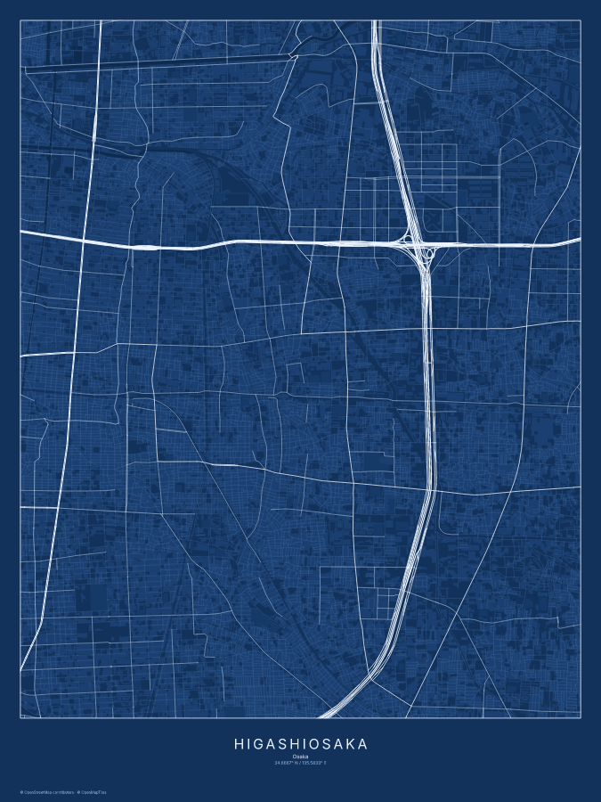 Higashiosaka map poster, blueprint style