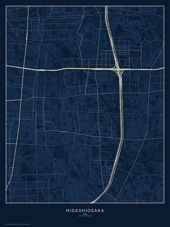 Higashiosaka map poster, midnight style