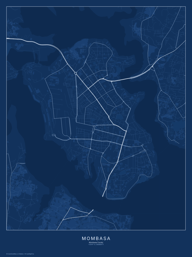Mombasa map poster, blueprint style