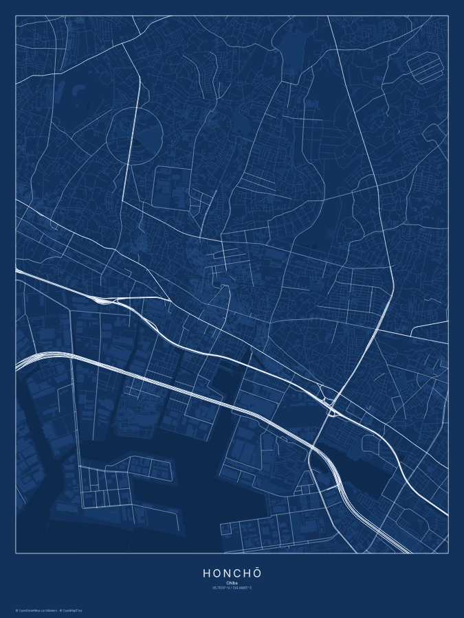 Honchō map poster, blueprint style