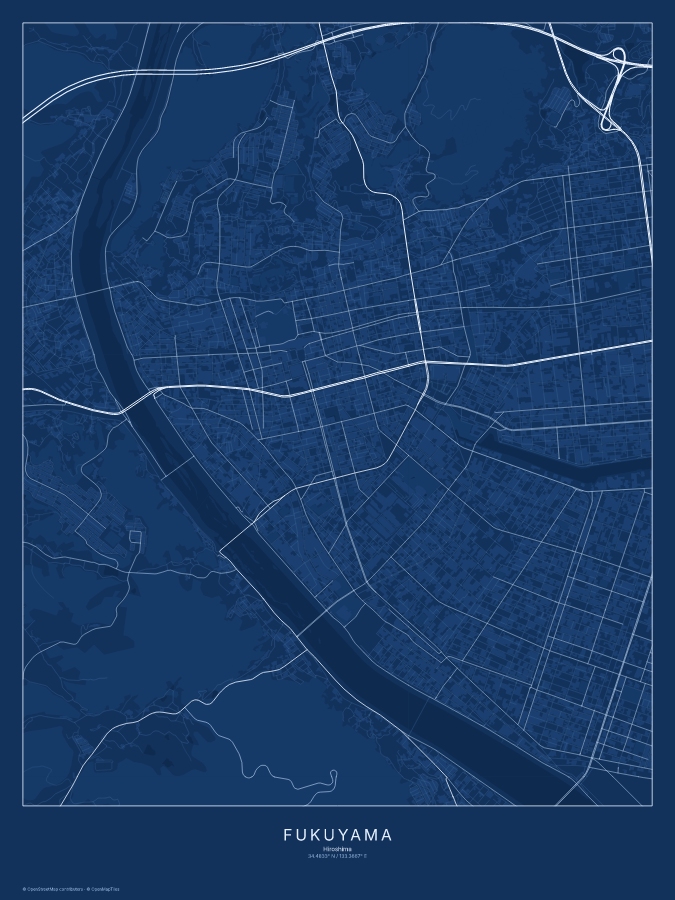 Fukuyama map poster, blueprint style