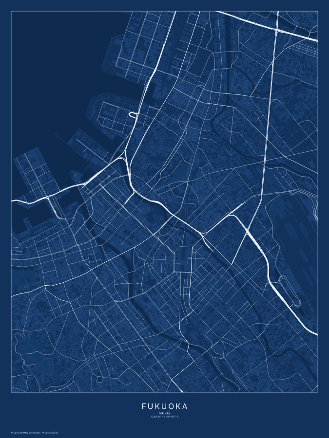 Fukuoka map poster, blueprint style