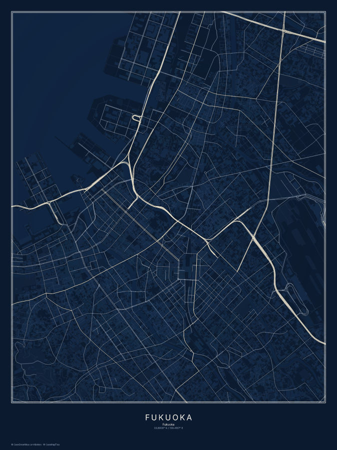 Fukuoka map poster, midnight style