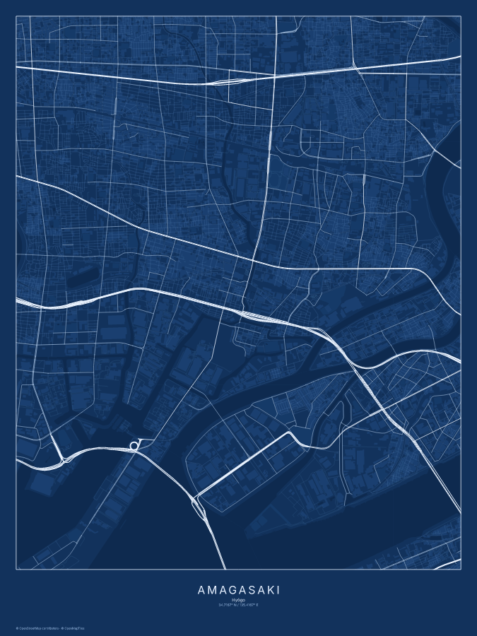 Amagasaki map poster, blueprint style