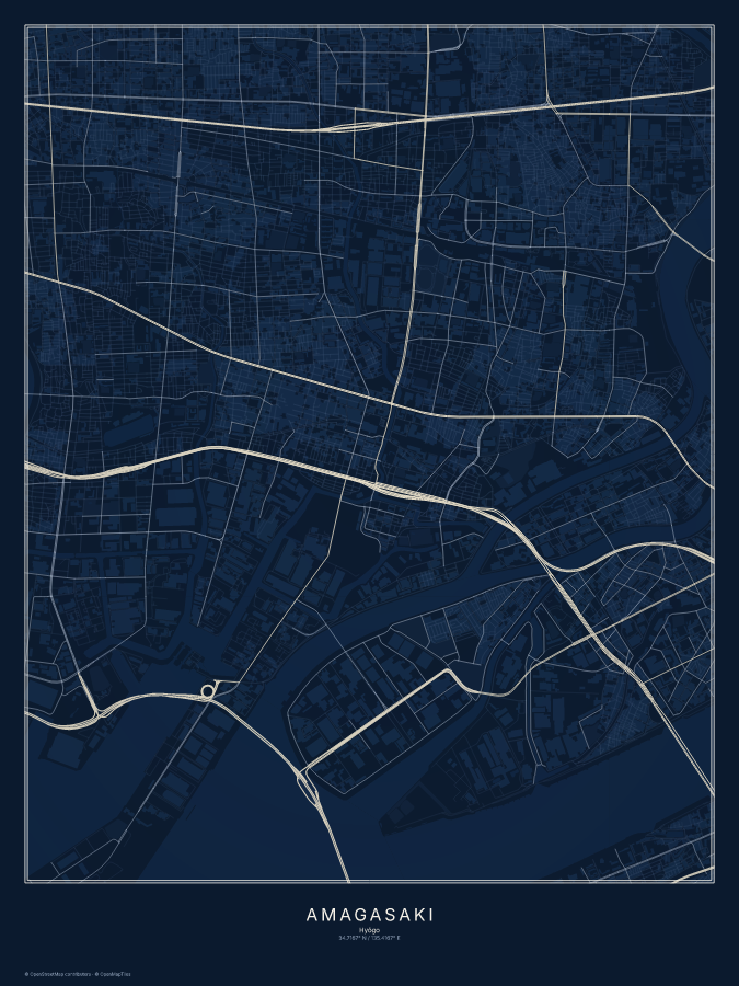 Amagasaki map poster, midnight style