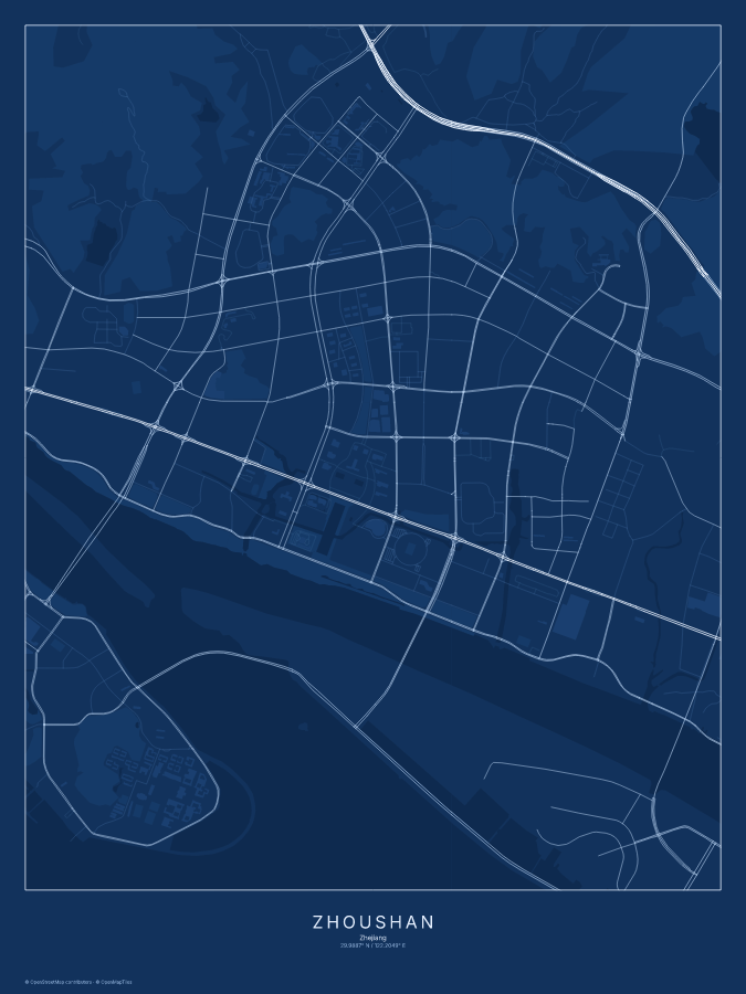 Zhoushan map poster, blueprint style
