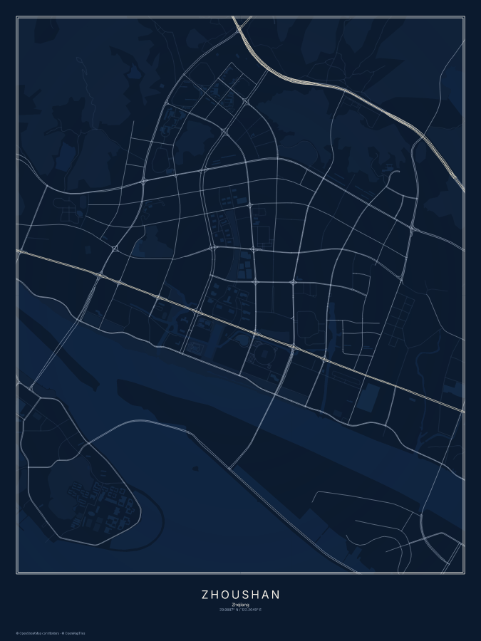 Zhoushan map poster, midnight style