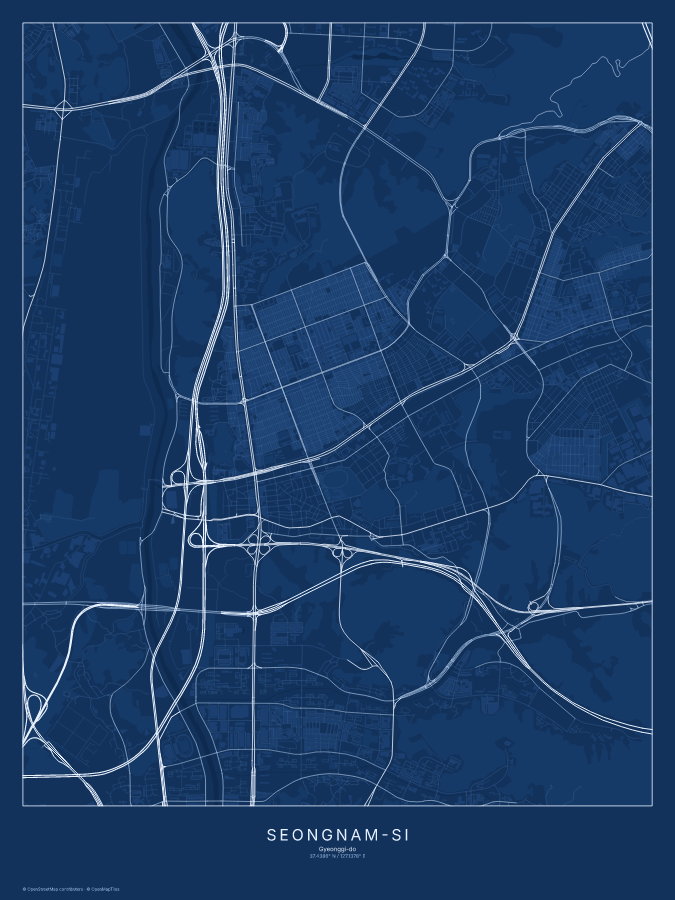 Seongnam-si map poster, blueprint style