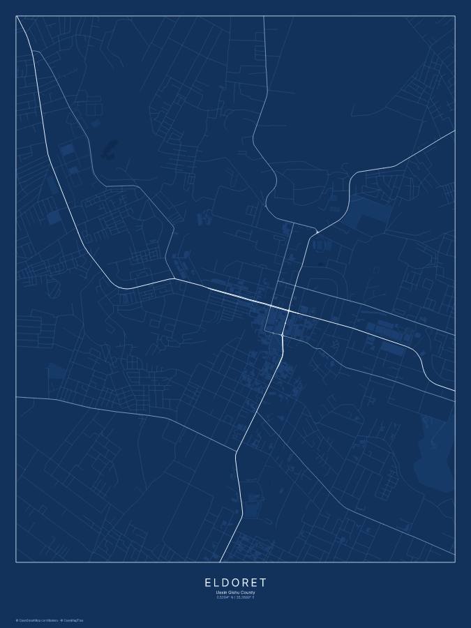 Eldoret map poster, blueprint style