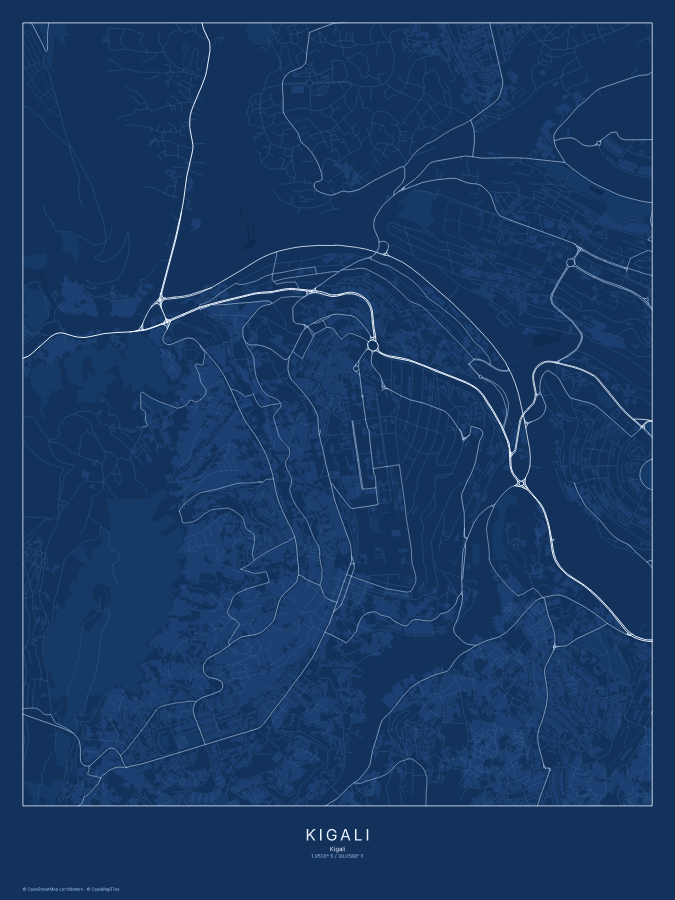 Kigali map poster, blueprint style