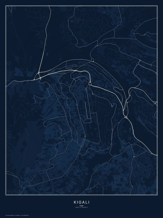 Kigali map poster, midnight style