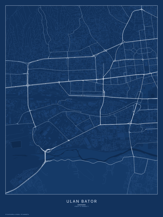 Ulan Bator map poster, blueprint style
