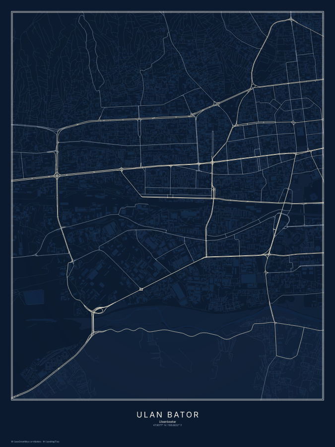 Ulan Bator map poster, midnight style