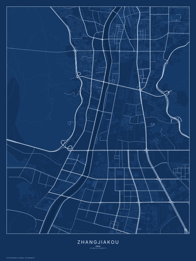 Zhangjiakou map poster, blueprint style