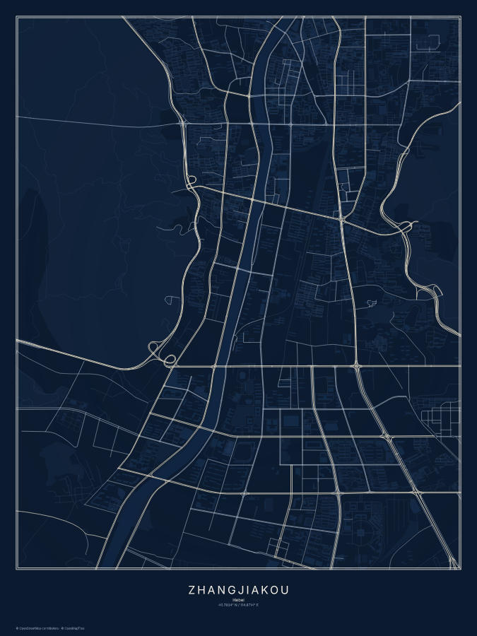 Zhangjiakou map poster, midnight style