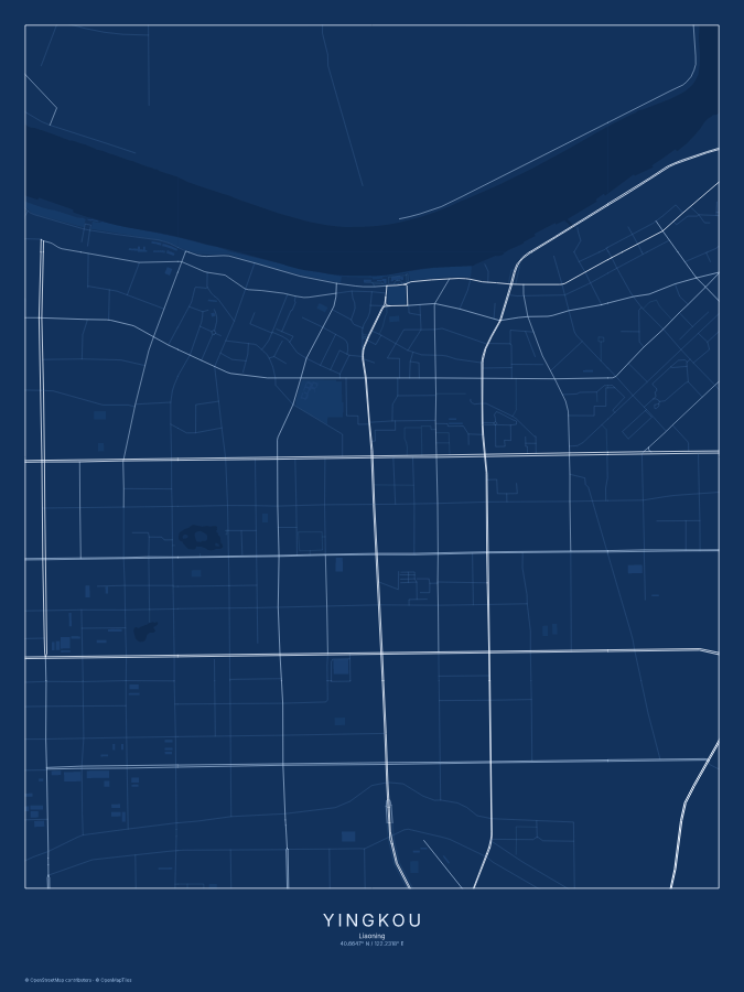 Yingkou map poster, blueprint style