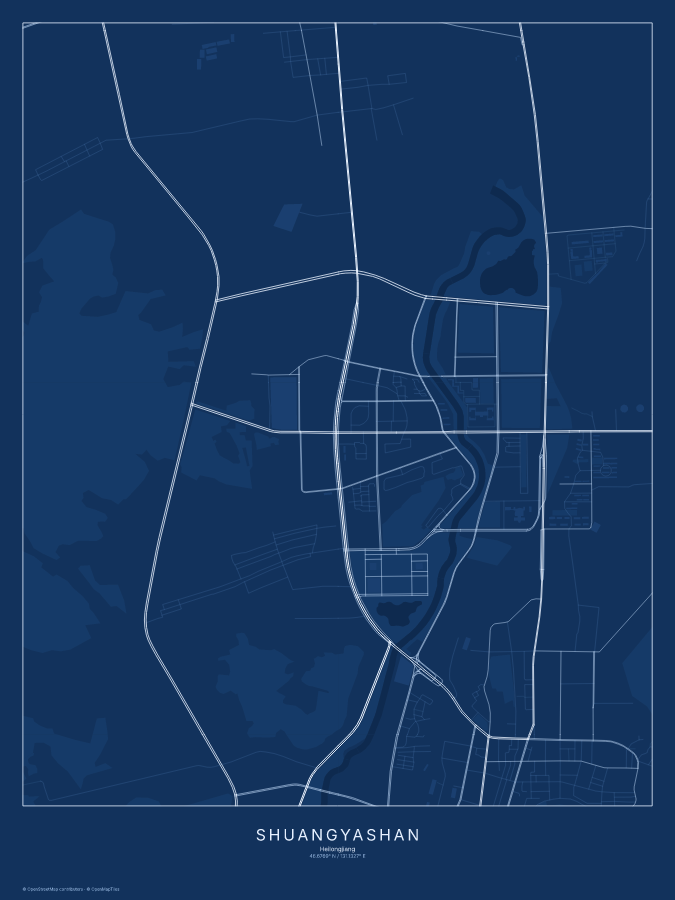 Shuangyashan map poster, blueprint style