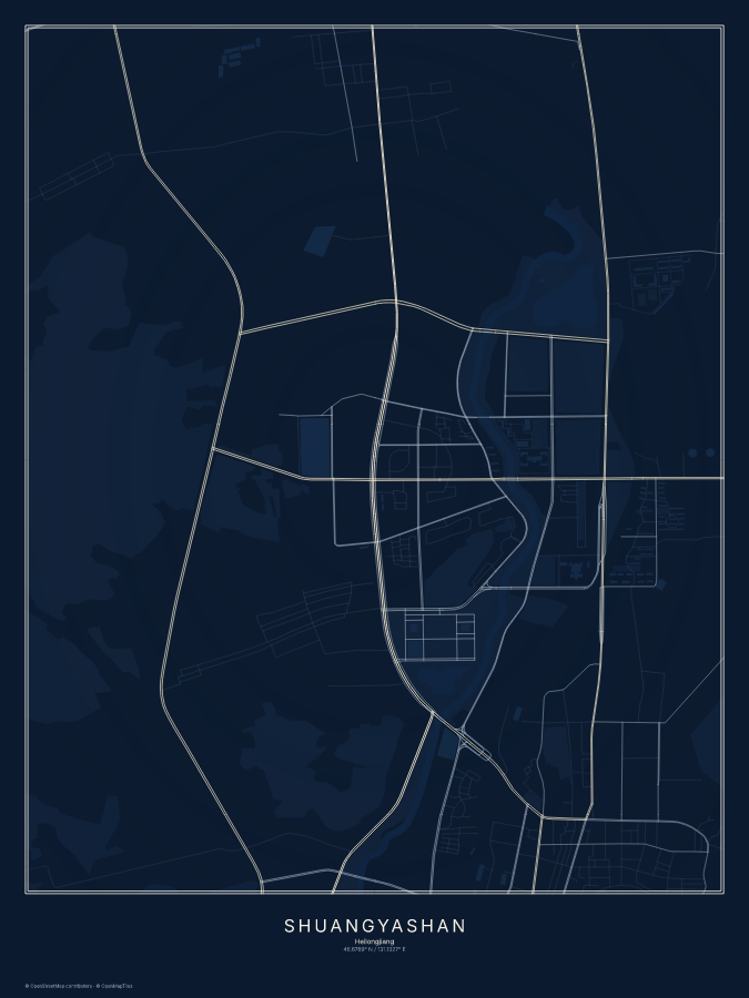 Shuangyashan map poster, midnight style