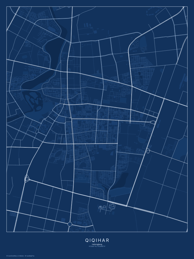 Qiqihar map poster, blueprint style