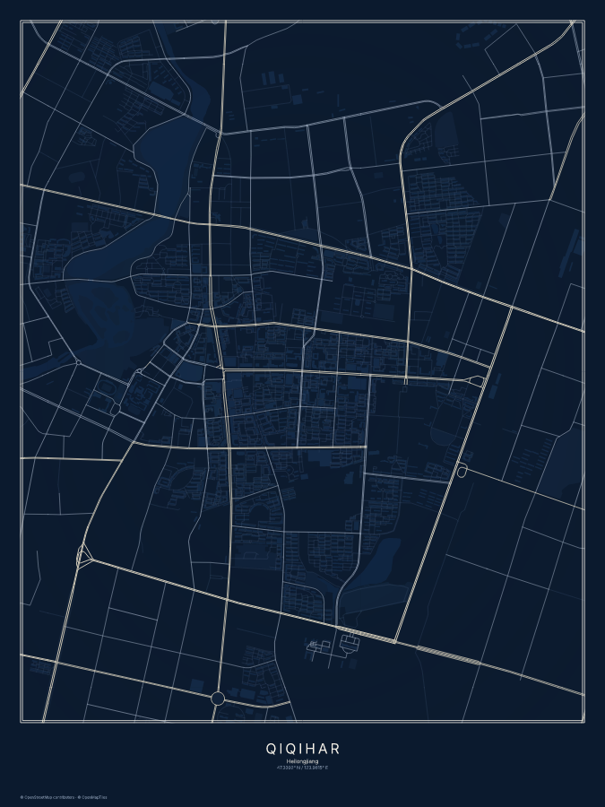 Qiqihar map poster, midnight style