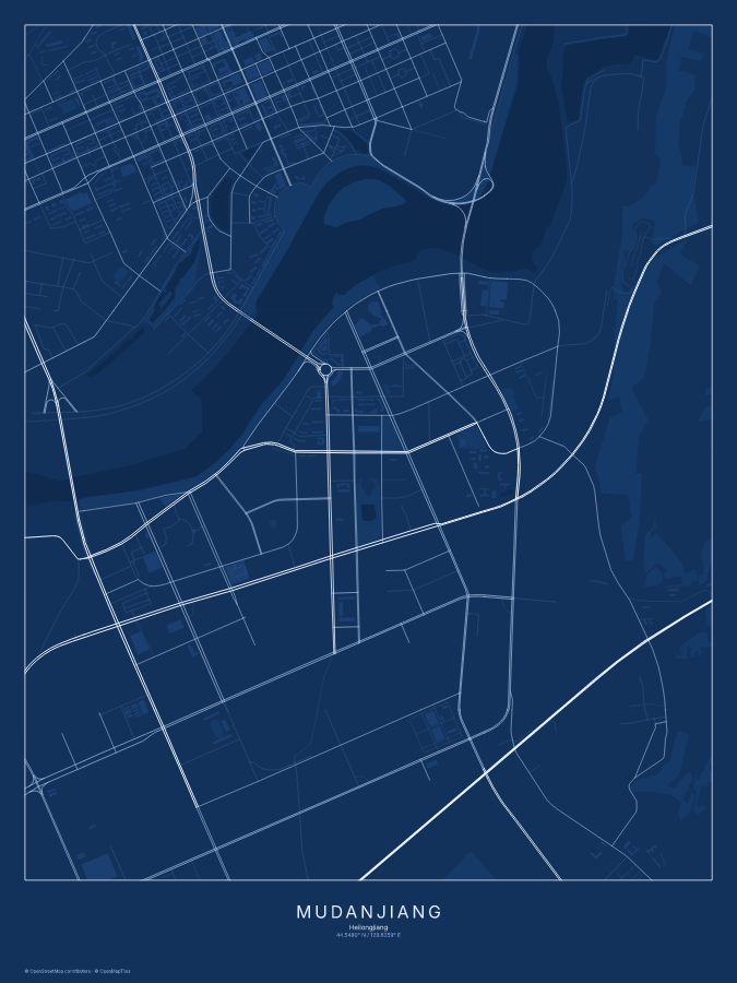 Mudanjiang map poster, blueprint style