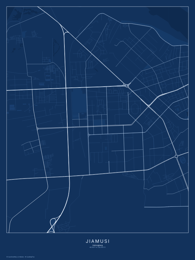Jiamusi map poster, blueprint style