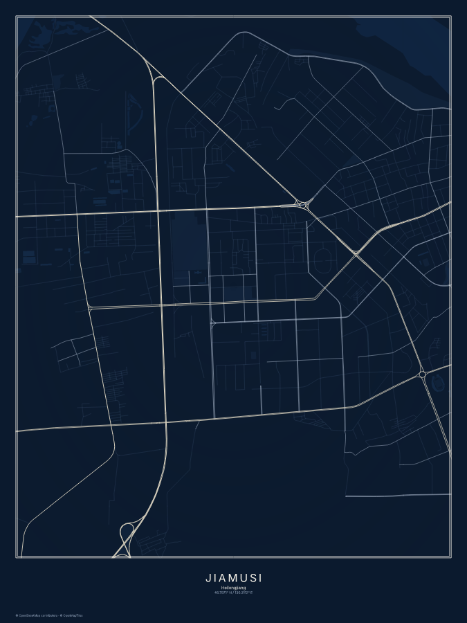 Jiamusi map poster, midnight style