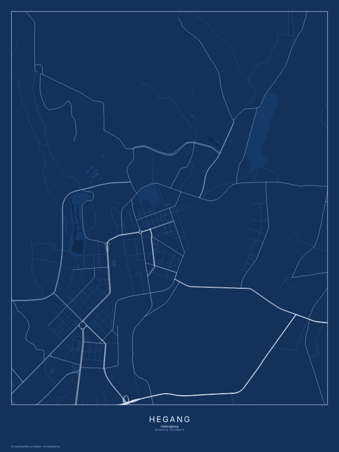Hegang map poster, blueprint style