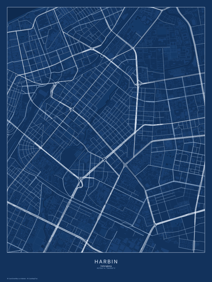 Harbin map poster, blueprint style
