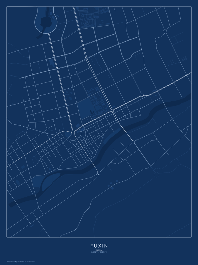 Fuxin map poster, blueprint style