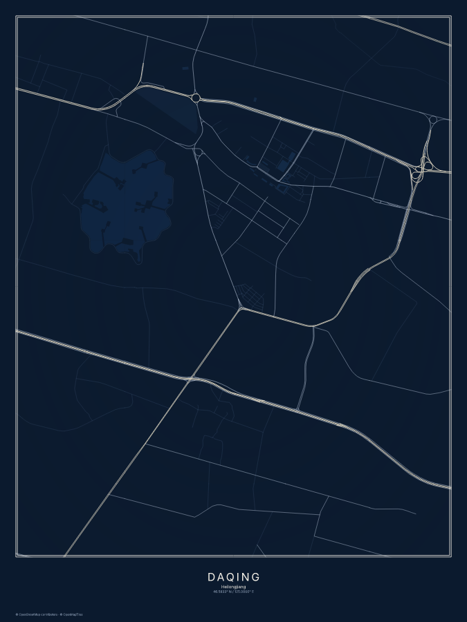 Daqing map poster, midnight style
